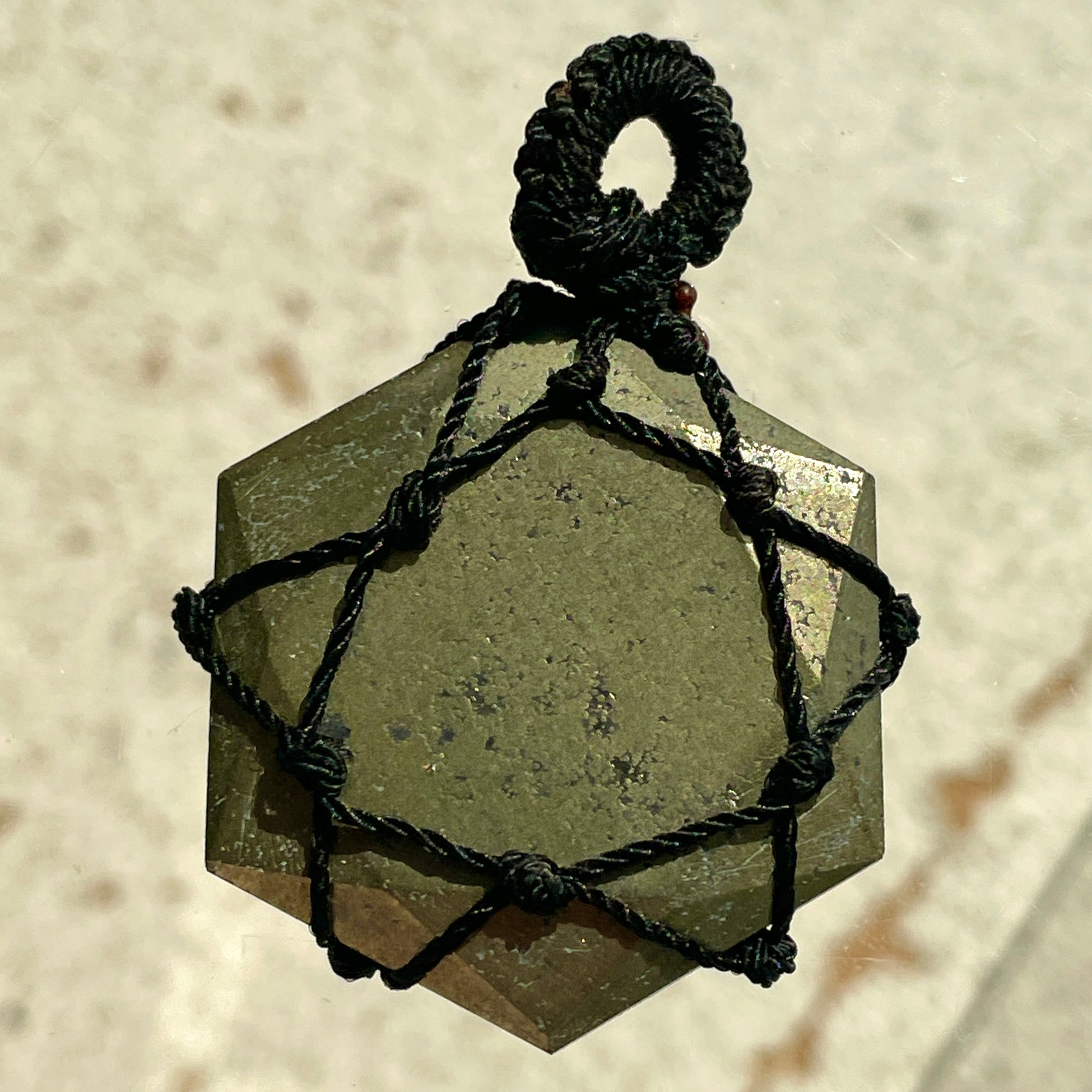 Pyrite - Macrame Wrapped Hexagonal Pendant Pyrite - Macrame Wrapped Hexagonal Pendant